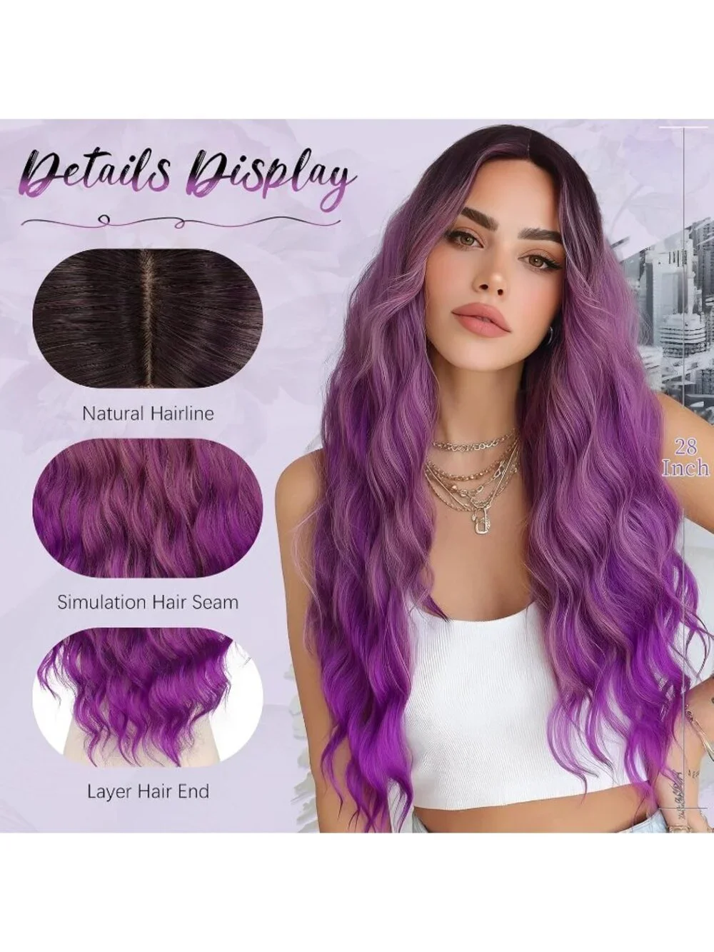 Women's Omber Dark Purple 28 Inch Lace Front Soft Synthetic Long Wavy Curly Wigs